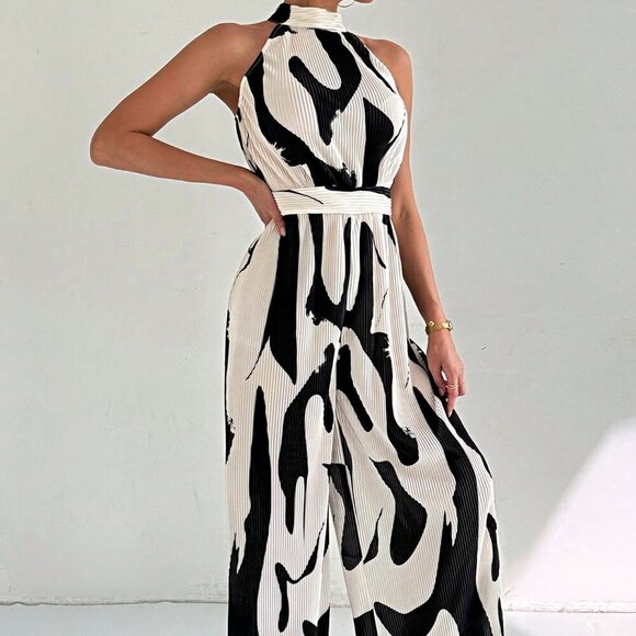 Black and White Casual Women's Elegant Commuting Loose Long Jumpsuit - Picture 3 of 7